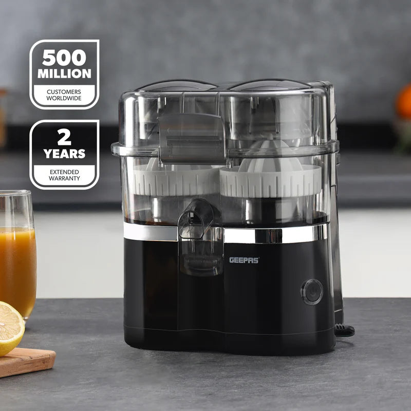 Geepas GCJ5347 Dual Head Citrus Juicer | Built-in Slicer for Easy Fruit Preparation | Strength Control & One-Press Operation | 100W| Fresh Juice Maker |2 Years Warranty