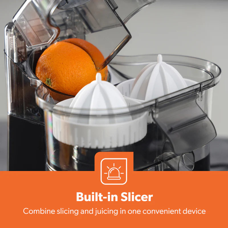 Geepas GCJ5347 Dual Head Citrus Juicer | Built-in Slicer for Easy Fruit Preparation | Strength Control & One-Press Operation | 100W| Fresh Juice Maker |2 Years Warranty