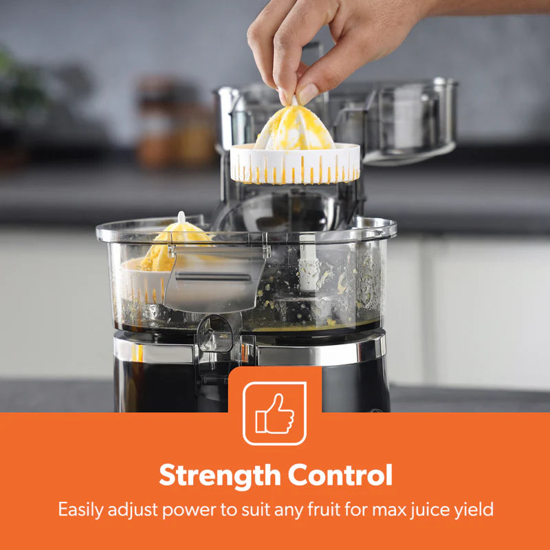 Geepas GCJ5347 Dual Head Citrus Juicer | Built-in Slicer for Easy Fruit Preparation | Strength Control & One-Press Operation | 100W| Fresh Juice Maker |2 Years Warranty