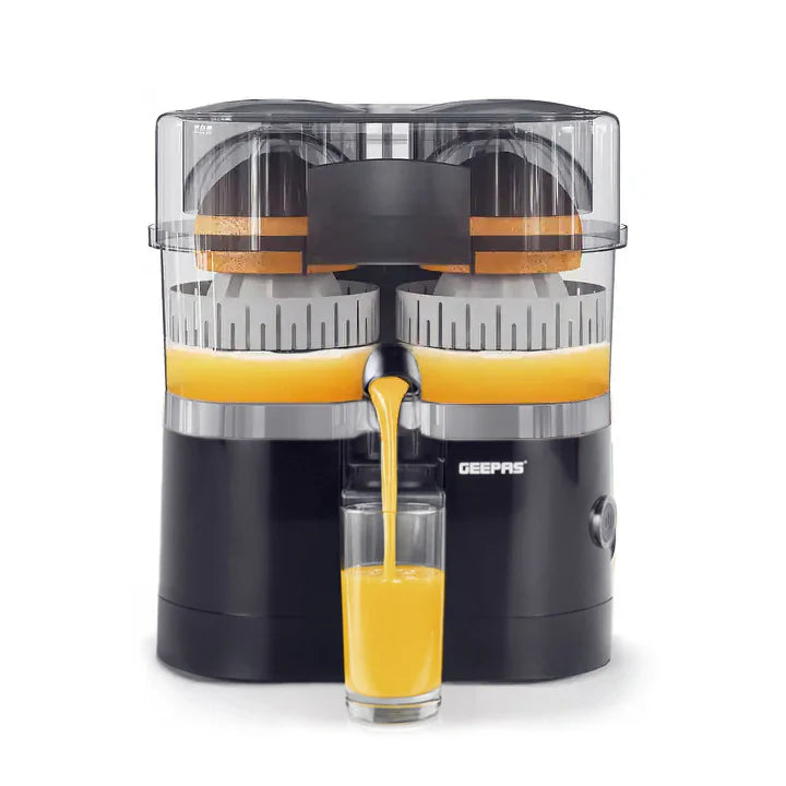 Geepas GCJ5347 Dual Head Citrus Juicer | Built-in Slicer for Easy Fruit Preparation | Strength Control & One-Press Operation | 100W| Fresh Juice Maker |2 Years Warranty