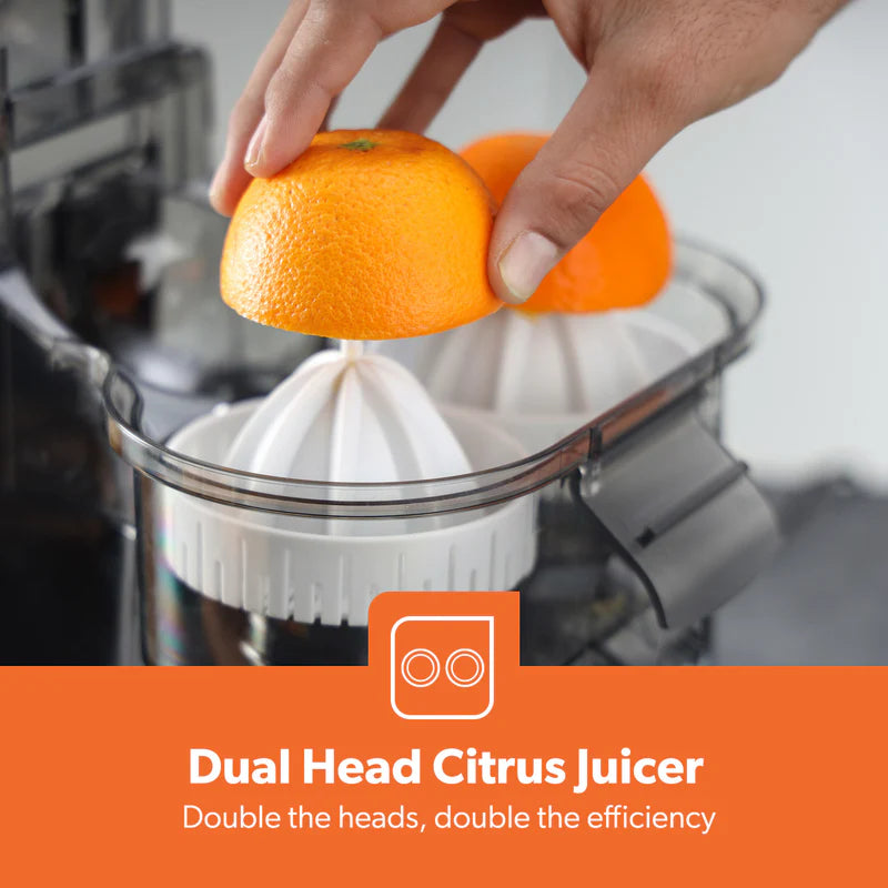 Geepas GCJ5347 Dual Head Citrus Juicer | Built-in Slicer for Easy Fruit Preparation | Strength Control & One-Press Operation | 100W| Fresh Juice Maker |2 Years Warranty