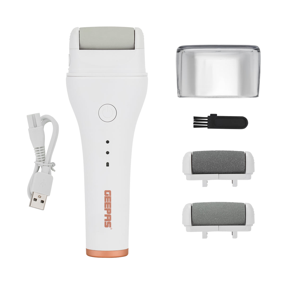 Geepas 3-in-1 Callus Remover- GCL57515/ Rechargeable and Fast Charging with 360 Degree Rotating Head/ 3 Grinding Heads, Includes Fine, Rough, Medium/ Perfect for Smooth and Soft Feet/ White, 2 Years Warranty