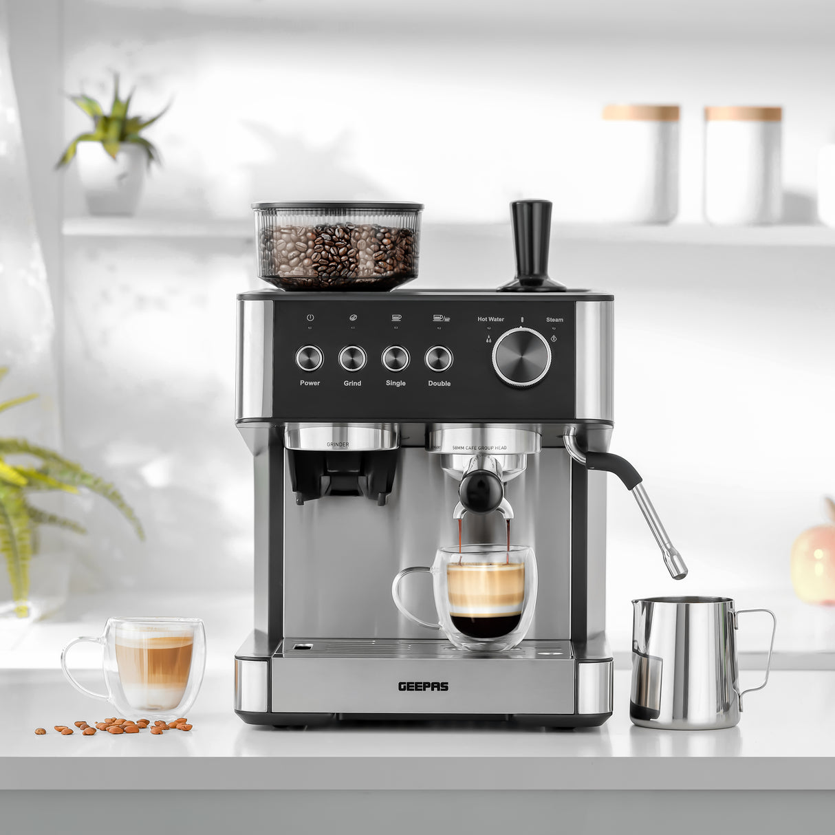 Geepas GCMG1325S Espresso & Cappuccino Coffee Machine | 20 Bar High-Pressure Pump, Built-In Coffee Grinder, Frothing Steam Wand, Dual Filter | A43 Platinum Series