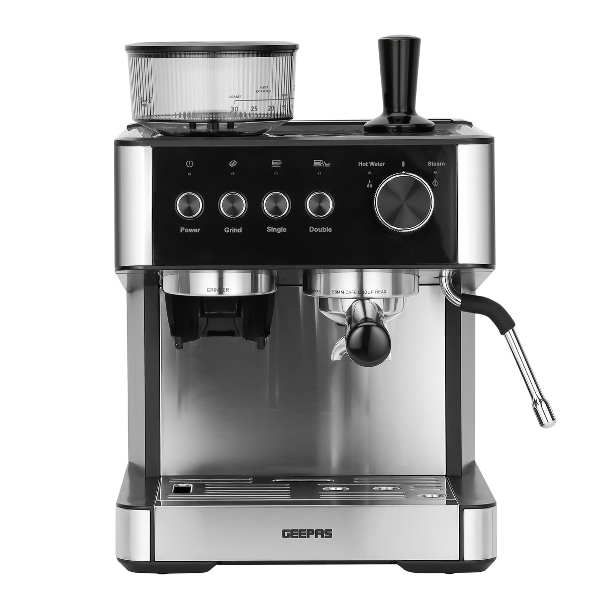 Geepas GCMG1325S Espresso & Cappuccino Coffee Machine | 20 Bar High-Pressure Pump, Built-In Coffee Grinder, Frothing Steam Wand, Dual Filter | A43 Platinum Series