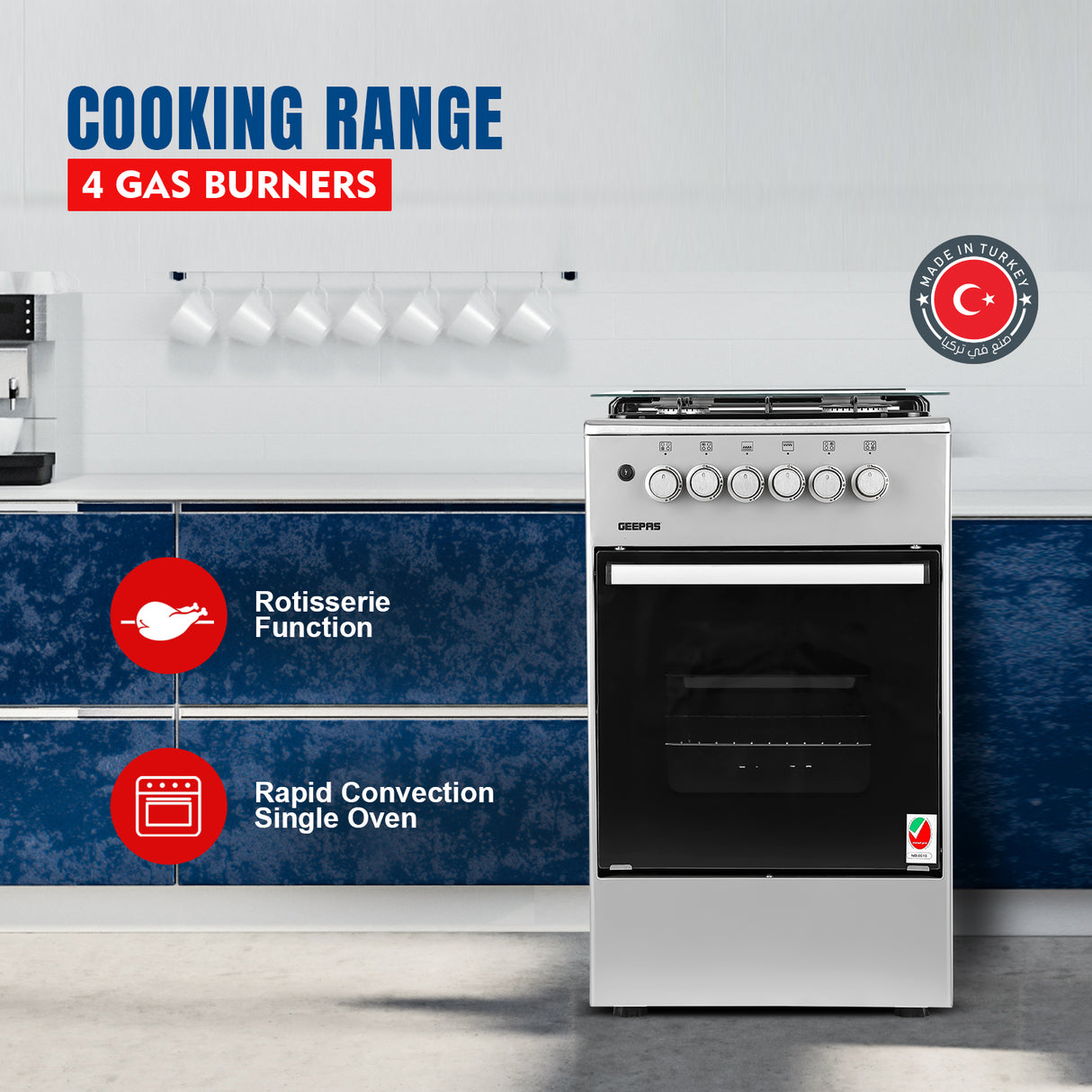 Geepas GCR5555 50x50 Gas Cooking Range | Free Standing Design with Full Safety System 6 Knobs | 4 Gas Burners & Durable Inox Top Table | Gas Oven with Grill Function
