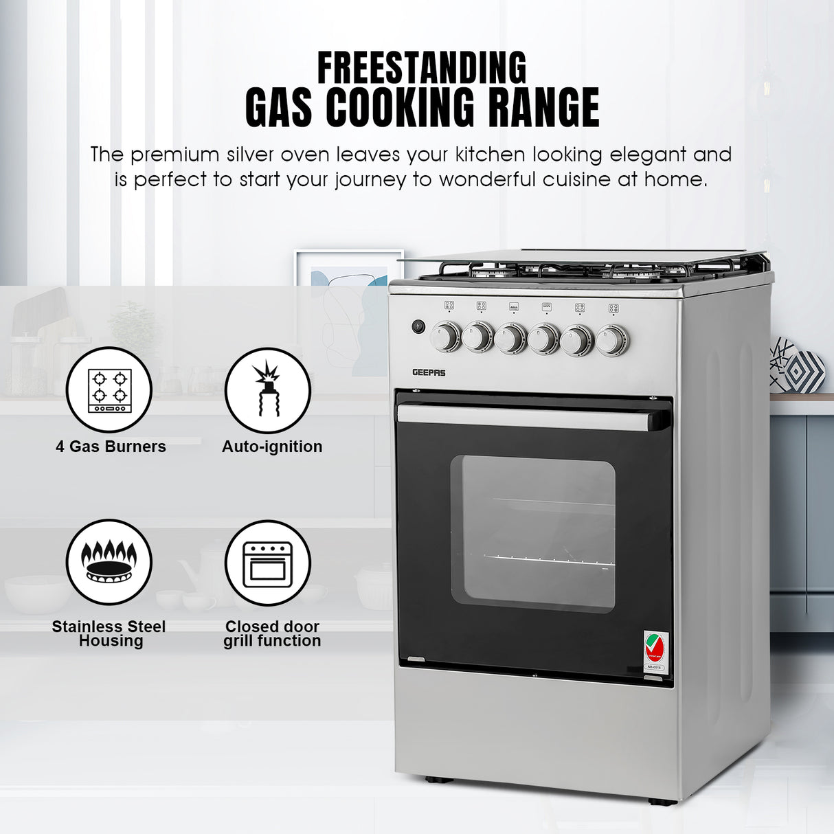 Geepas GCR5555 50x50 Gas Cooking Range | Free Standing Design with Full Safety System 6 Knobs | 4 Gas Burners & Durable Inox Top Table | Gas Oven with Grill Function
