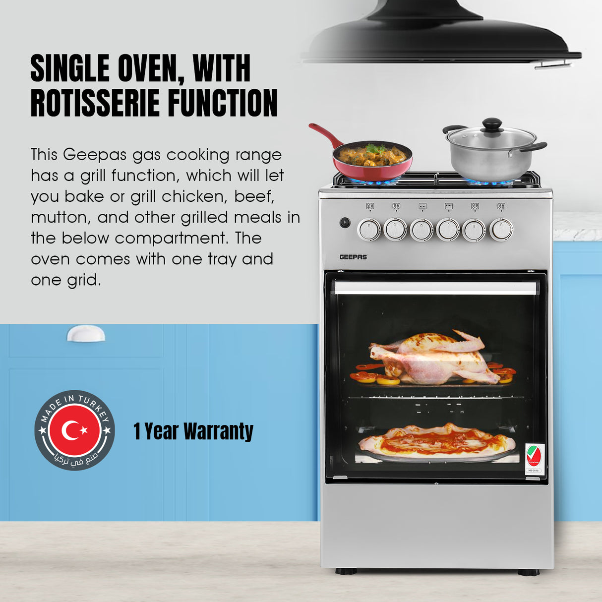 Geepas GCR5555 50x50 Gas Cooking Range | Free Standing Design with Full Safety System 6 Knobs | 4 Gas Burners & Durable Inox Top Table | Gas Oven with Grill Function