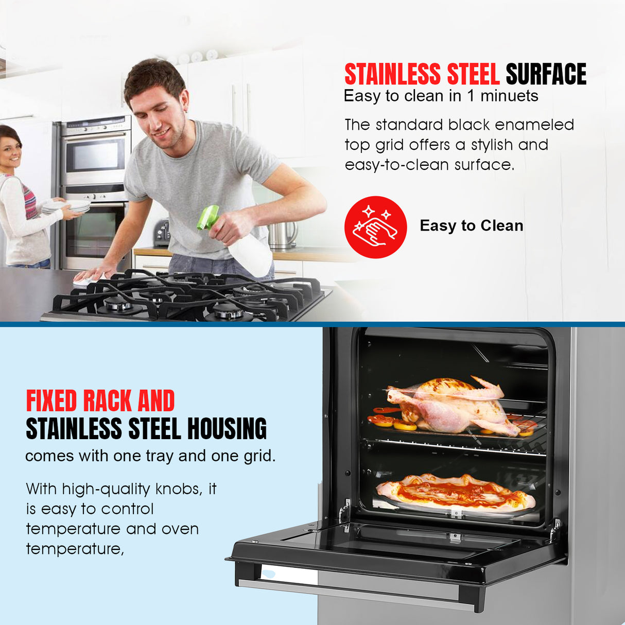 Geepas GCR5555 50x50 Gas Cooking Range | Free Standing Design with Full Safety System 6 Knobs | 4 Gas Burners & Durable Inox Top Table | Gas Oven with Grill Function