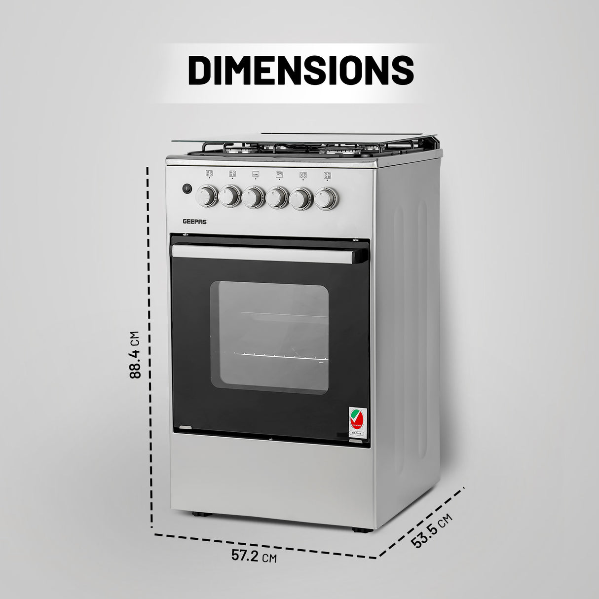 Geepas GCR5555 50x50 Gas Cooking Range | Free Standing Design with Full Safety System 6 Knobs | 4 Gas Burners & Durable Inox Top Table | Gas Oven with Grill Function