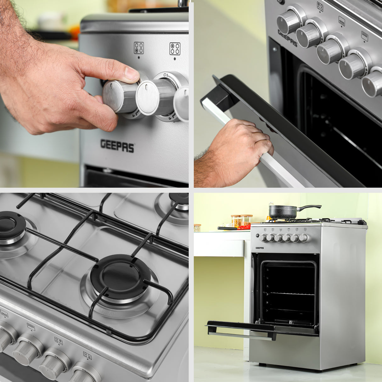 Geepas GCR5555 50x50 Gas Cooking Range | Free Standing Design with Full Safety System 6 Knobs | 4 Gas Burners & Durable Inox Top Table | Gas Oven with Grill Function
