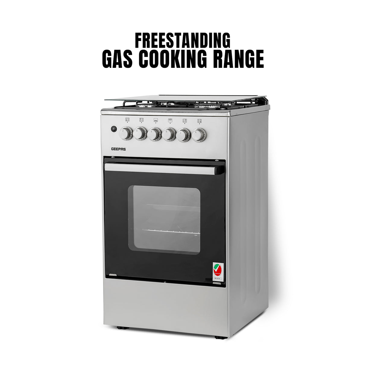 Geepas GCR5555 50x50 Gas Cooking Range | Free Standing Design with Full Safety System 6 Knobs | 4 Gas Burners & Durable Inox Top Table | Gas Oven with Grill Function
