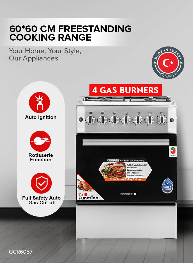 Geepas 60x60 Free Standing Oven | GCR6057 |4 Euro Pool Type Gas Burners | Auto Ignition| Multiple Power Levels| Grill & Rotisserie Function| Full Safety| 1 Year Warranty