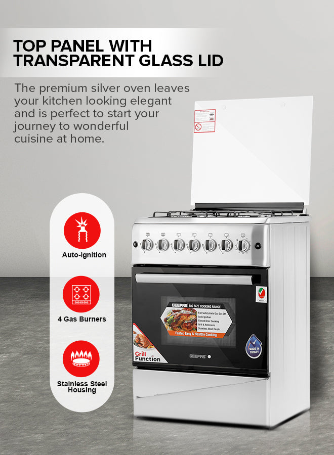 Geepas 60x60 Free Standing Oven | GCR6057 |4 Euro Pool Type Gas Burners | Auto Ignition| Multiple Power Levels| Grill & Rotisserie Function| Full Safety| 1 Year Warranty