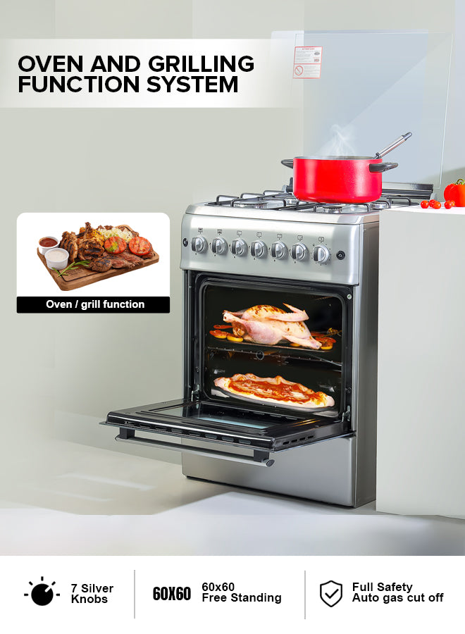 Geepas 60x60 Free Standing Oven | GCR6057 |4 Euro Pool Type Gas Burners | Auto Ignition| Multiple Power Levels| Grill & Rotisserie Function| Full Safety| 1 Year Warranty