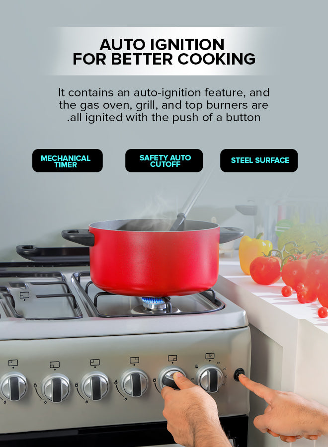 Geepas 60x60 Free Standing Oven | GCR6057 |4 Euro Pool Type Gas Burners | Auto Ignition| Multiple Power Levels| Grill & Rotisserie Function| Full Safety| 1 Year Warranty