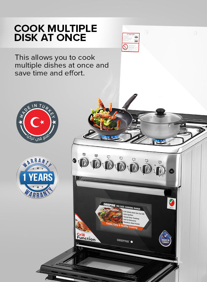 Geepas 60x60 Free Standing Oven | GCR6057 |4 Euro Pool Type Gas Burners | Auto Ignition| Multiple Power Levels| Grill & Rotisserie Function| Full Safety| 1 Year Warranty