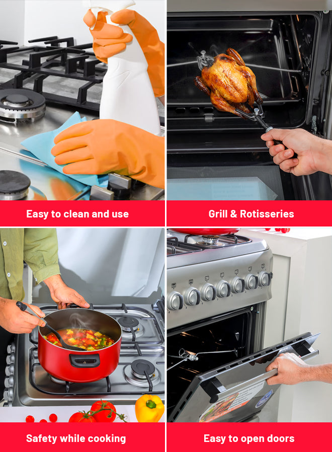 Geepas 60x60 Free Standing Oven | GCR6057 |4 Euro Pool Type Gas Burners | Auto Ignition| Multiple Power Levels| Grill & Rotisserie Function| Full Safety| 1 Year Warranty