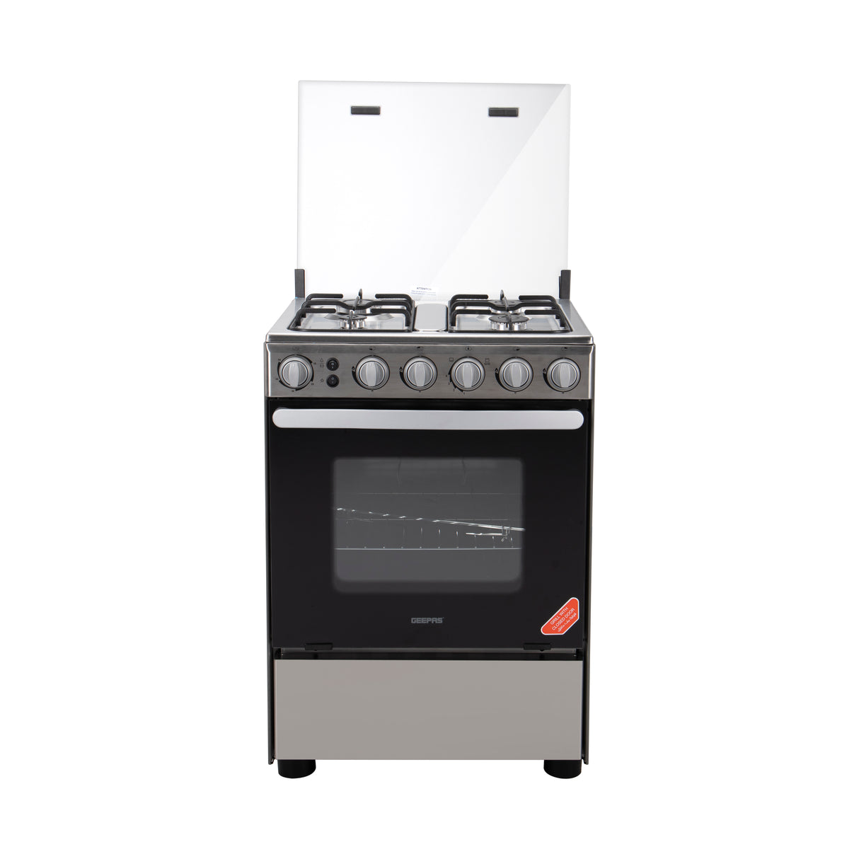 Geepas GCR6058 Cooking Range | 60x60cm | 4 Gas Burners with Electric Ignition| Oven Lamp| Timer & Rotisserie| Stainless Steel Housing| Double Glass Door| 1 Year Warranty