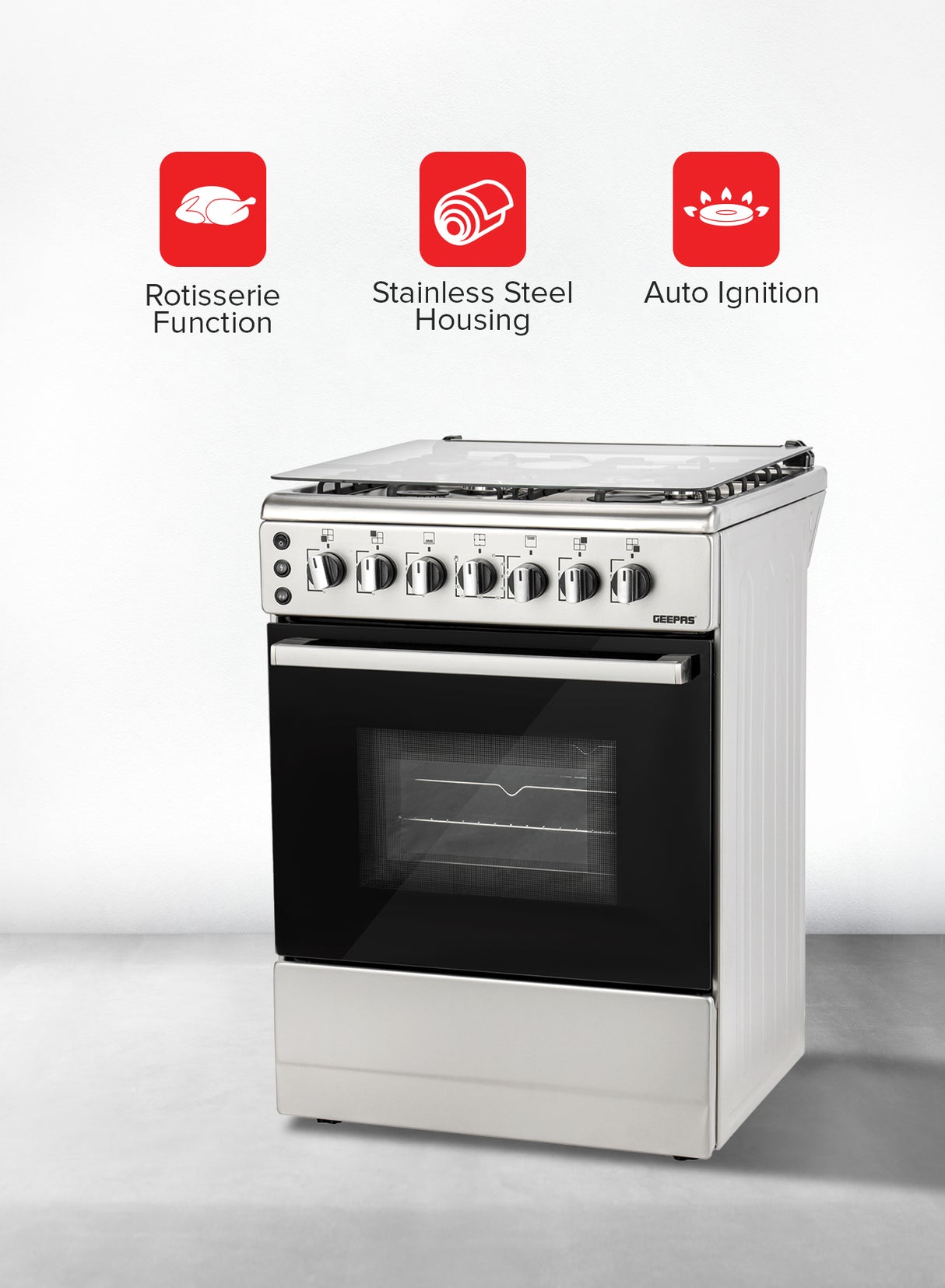 Geepas 60x60 Free Standing Cooking Range-GCR6059 / Rotisserie Function / Stainless Steel Housing / 4 Gas Burners / Auto Ignition /Perfect for Cook Bake and Grill Function