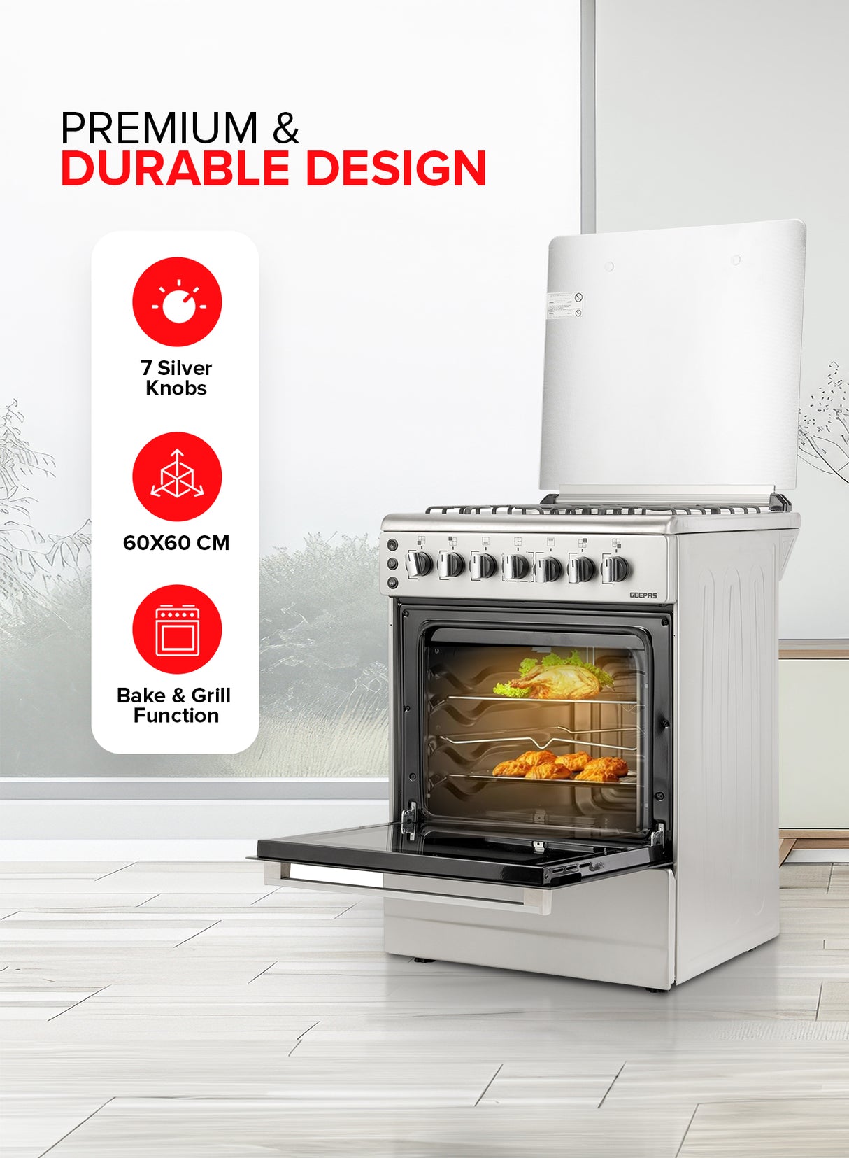 Geepas 60x60 Free Standing Cooking Range-GCR6059 / Rotisserie Function / Stainless Steel Housing / 4 Gas Burners / Auto Ignition /Perfect for Cook Bake and Grill Function