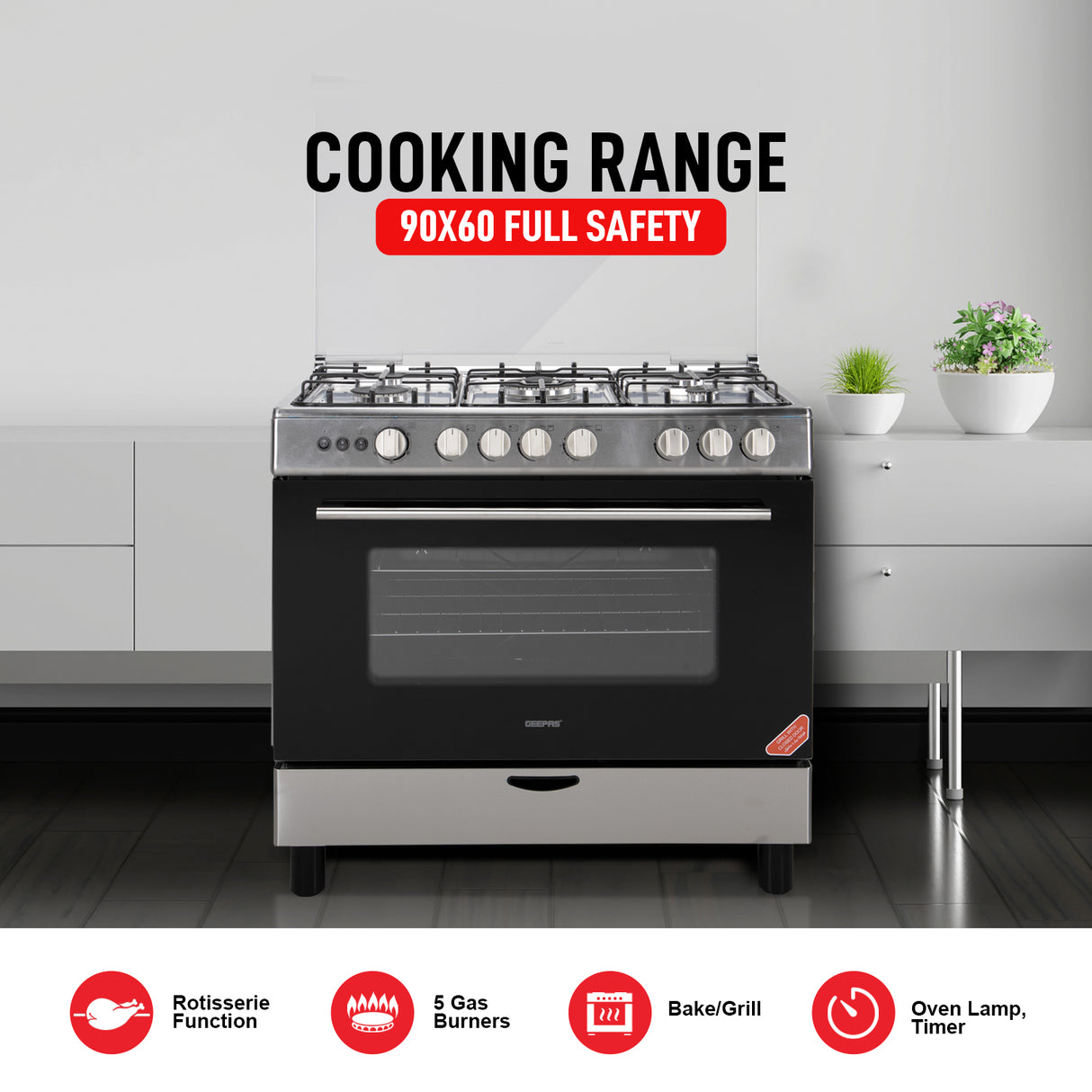 Geepas GCR9060NPSRC Cooking Range | 90x60cm | 5 Gas Burners| Electric Ignition| Oven Lamp| Timer & Rotisserie| Stainless Steel Housing| Double Glass Door| 1 Year Warranty