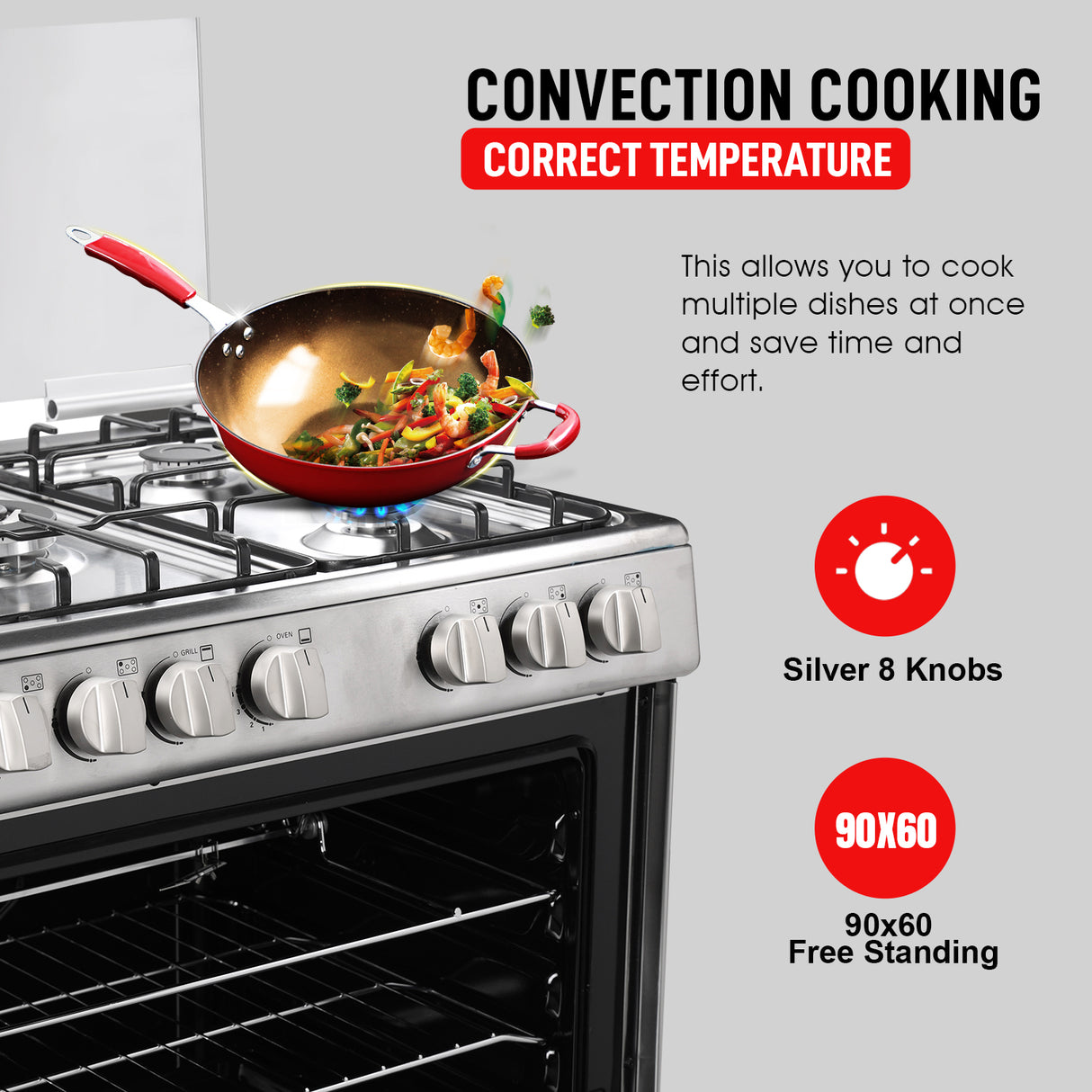 Geepas GCR9060NPSRC Cooking Range | 90x60cm | 5 Gas Burners| Electric Ignition| Oven Lamp| Timer & Rotisserie| Stainless Steel Housing| Double Glass Door| 1 Year Warranty