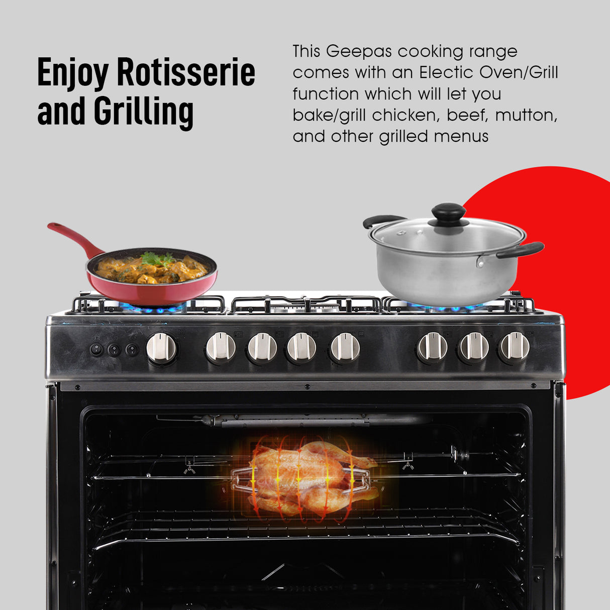 Geepas GCR9060NPSRC Cooking Range | 90x60cm | 5 Gas Burners| Electric Ignition| Oven Lamp| Timer & Rotisserie| Stainless Steel Housing| Double Glass Door| 1 Year Warranty