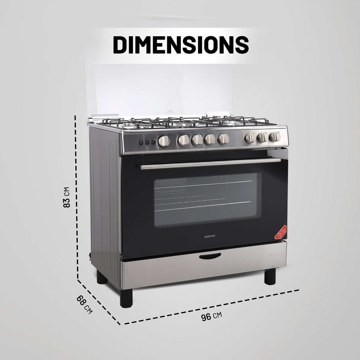 Geepas GCR9060NPSRC Cooking Range | 90x60cm | 5 Gas Burners| Electric Ignition| Oven Lamp| Timer & Rotisserie| Stainless Steel Housing| Double Glass Door| 1 Year Warranty