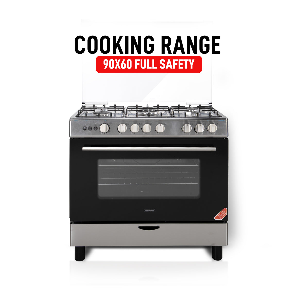 Geepas GCR9060NPSRC Cooking Range | 90x60cm | 5 Gas Burners| Electric Ignition| Oven Lamp| Timer & Rotisserie| Stainless Steel Housing| Double Glass Door| 1 Year Warranty