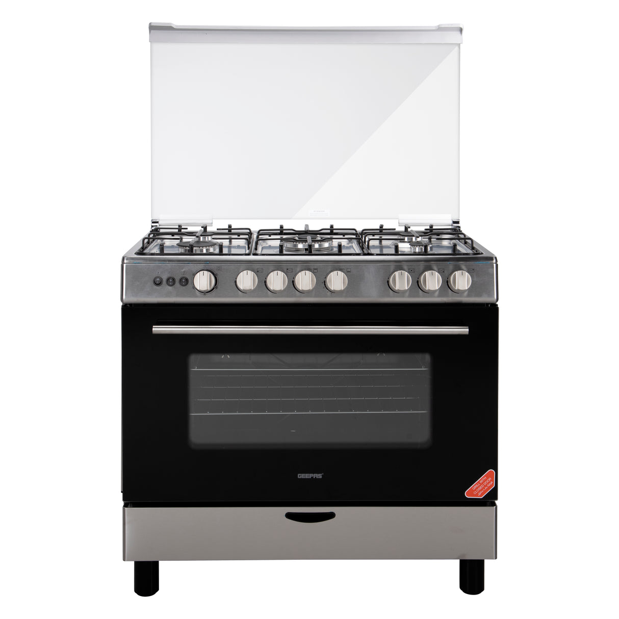 Geepas GCR9060NPSRC Cooking Range | 90x60cm | 5 Gas Burners| Electric Ignition| Oven Lamp| Timer & Rotisserie| Stainless Steel Housing| Double Glass Door| 1 Year Warranty
