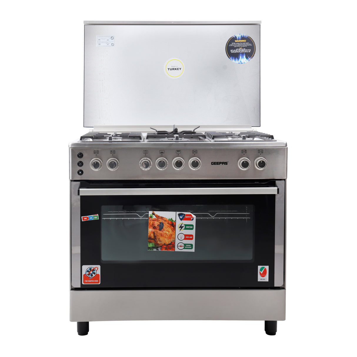 Geepas GCR9077FTCST 90x60 Cooking Range | 5 Gas Burners, Italian Sabaf Triple Burner, Rotisserie, Turbofan, Full Safety | Stainless Steel | Made in Turkey| 1 Year Warranty