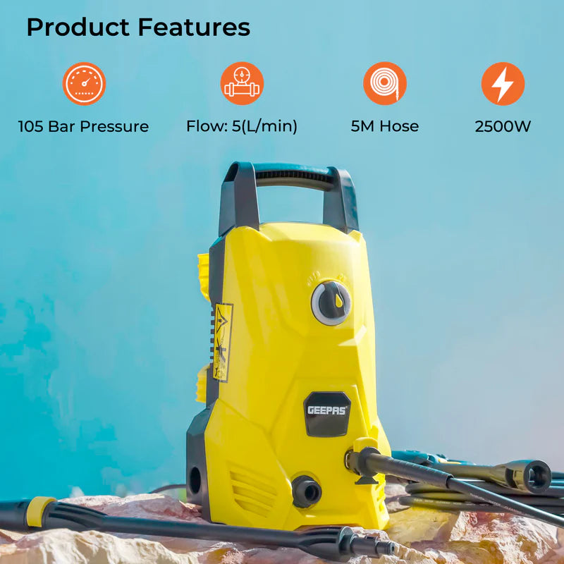 Geepas GCW19029 High Pressure Washer | 105BAR Power Washer with 2500W Motor | Ideal for Car, Bike, Patio & Home Cleaning | Compact Design | High Efficiency Performance