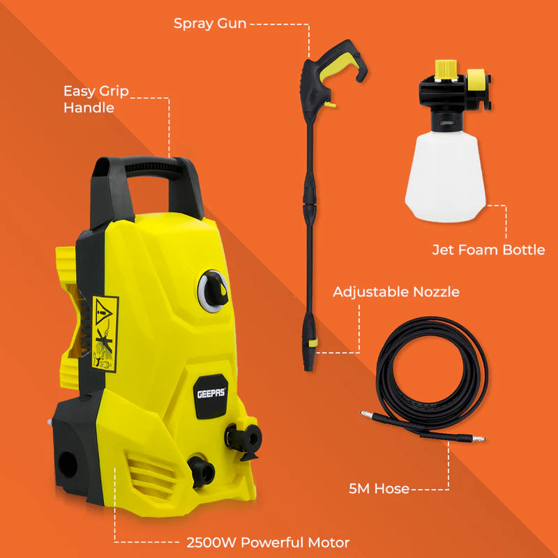 Geepas GCW19029 High Pressure Washer | 105BAR Power Washer with 2500W Motor | Ideal for Car, Bike, Patio & Home Cleaning | Compact Design | High Efficiency Performance