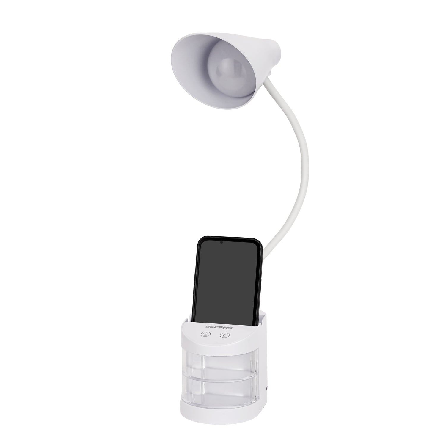 Geepas GDL53039 Rechargeable Reading Lamp |Table Light with Pencil Vase, Transparent Storage Box, Adjustable Silicone Tube, Lithium Battery, 12H Backup, 2Year Warranty