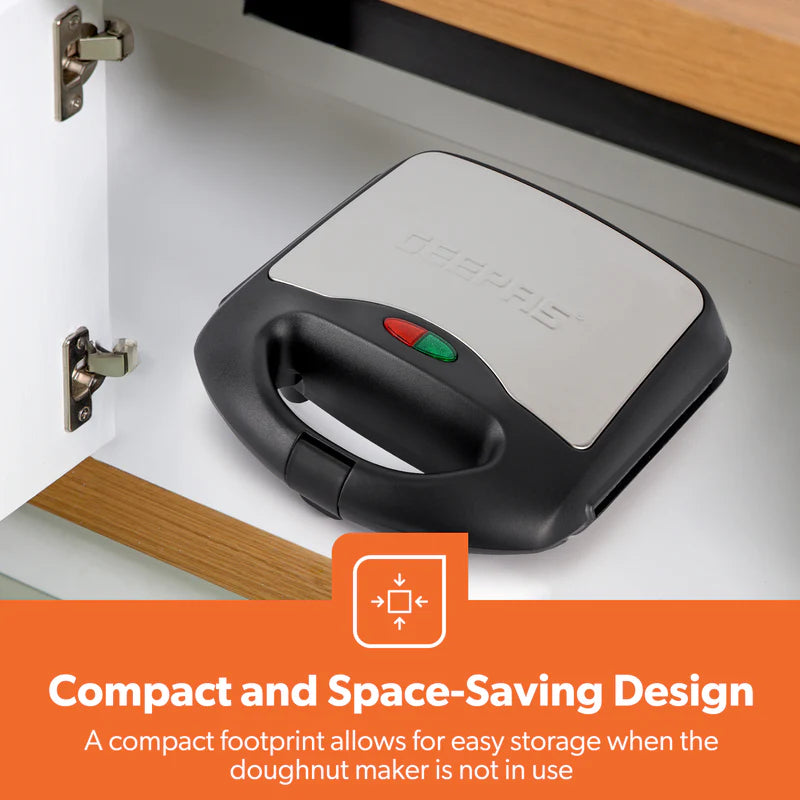 Geepas Donut Maker GDM36532 | 8 Pcs Capacity | 650–780W Power| Non-Stick Plates| Cool-Touch Housing | Compact Upright Storage| Skid-Resistant Feet | 2 Years Warranty