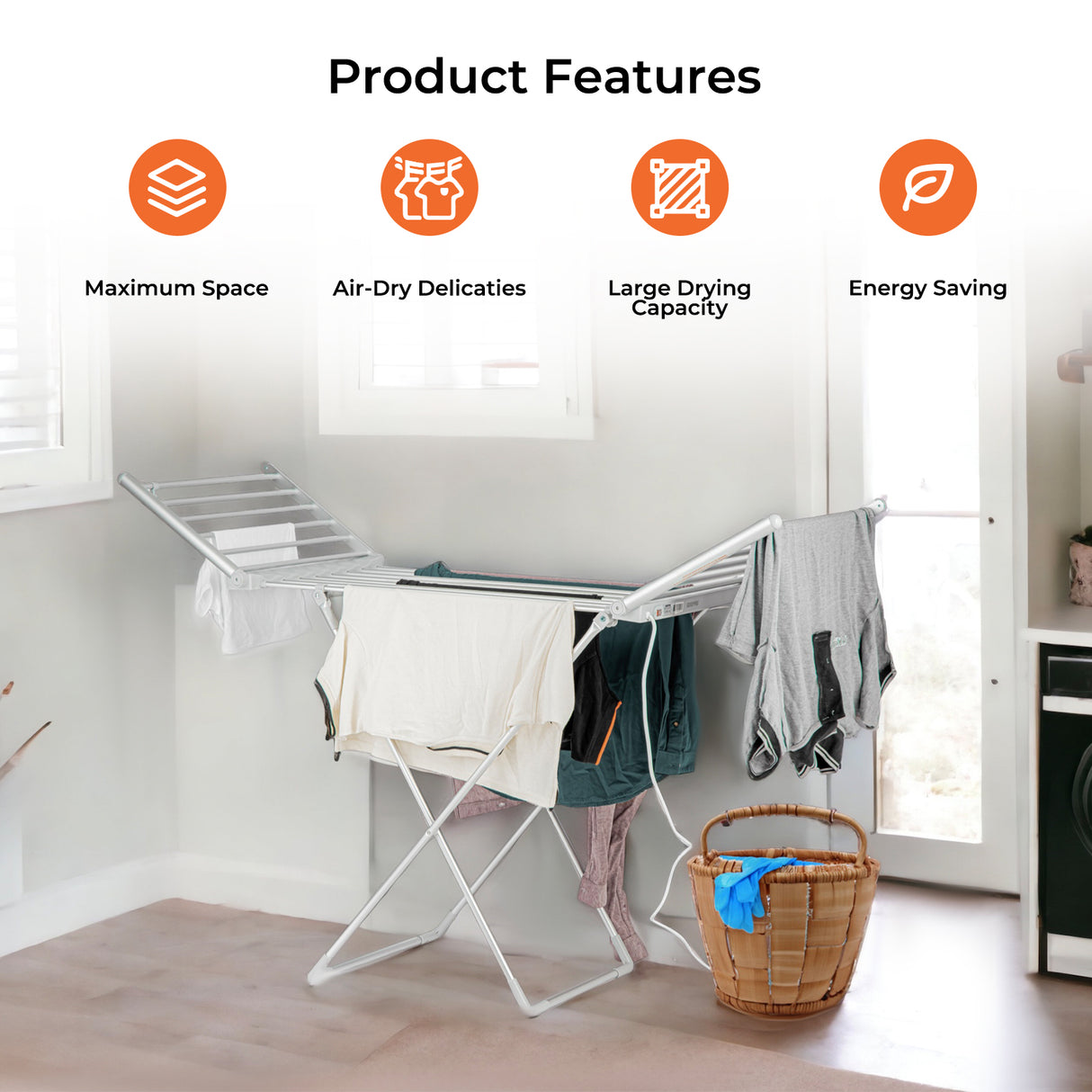 Geepas Electric Cloth Dryer GDR63059UK with 15kg capacity, side wings, foldable, sturdy and compact design, constant temperature, energy saving, white, 2-year warranty