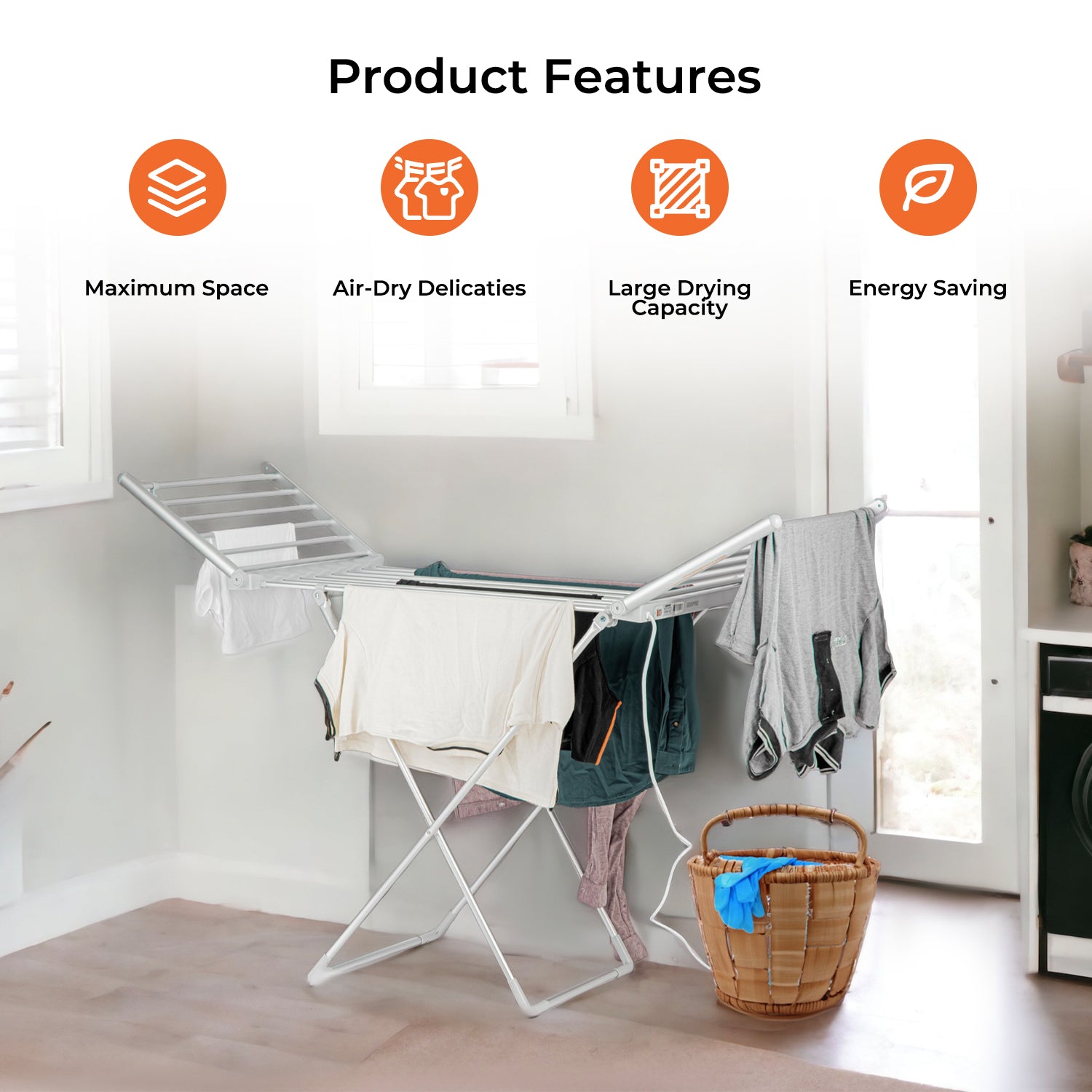 Geepas Electric Cloth Dryer GDR63059UK with 15kg capacity, side wings, foldable, sturdy and compact design, constant temperature, energy saving, white, 2-year warranty