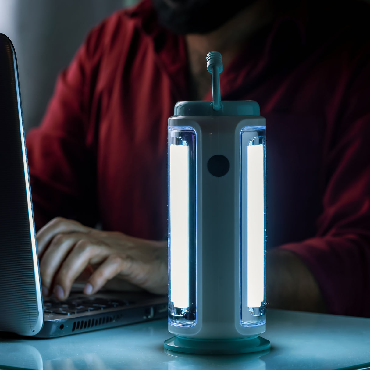 Geepas LED Emergency Lantern with Solar Panel GE53029 |52 LEDs, 360° Light, 5Hours Backup |Energy Efficient, Portable, Lightweight Design | Blue & White, 2 Years Warranty