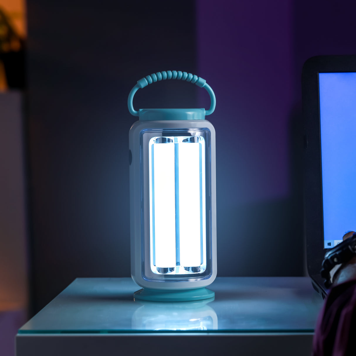 Geepas LED Emergency Lantern with Solar Panel GE53029 |52 LEDs, 360° Light, 5Hours Backup |Energy Efficient, Portable, Lightweight Design | Blue & White, 2 Years Warranty