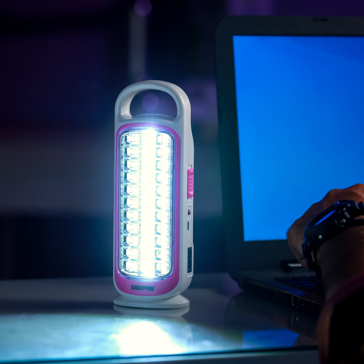 Geepas LED Emergency Lantern with Solar Panel- GE53034| Energy Efficient Design, 33 Pieces Hi-Power LEDs,5 Hours Working| Light-Weight |  Pink and White, 2 Years Warranty