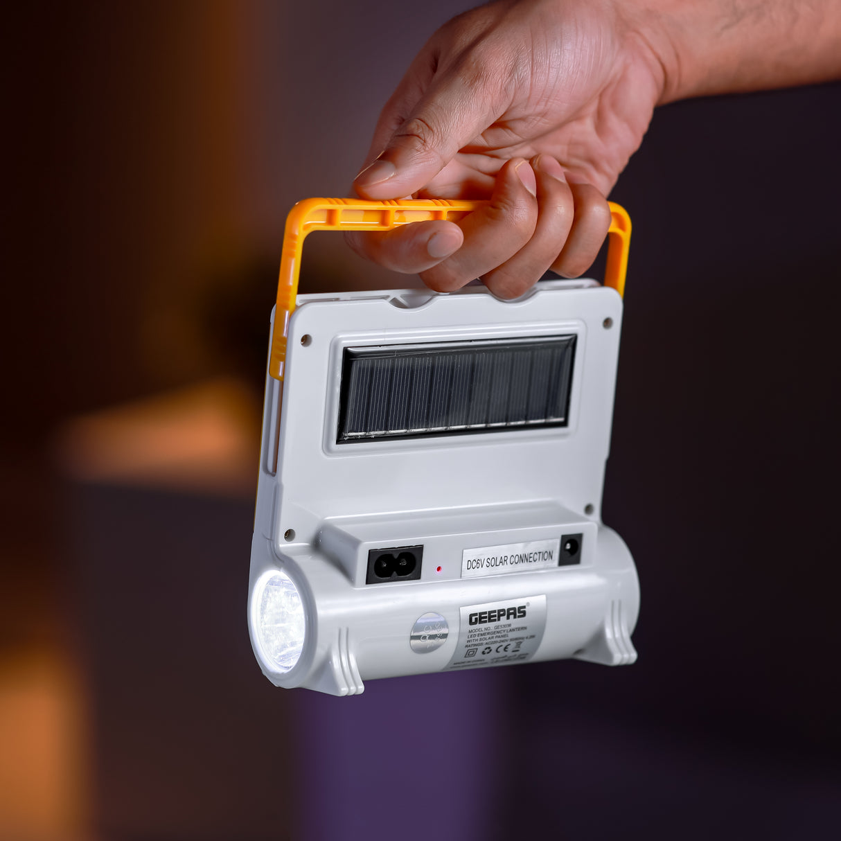 Geepas LED Emergency Lantern with Solar Panel- GE53036| Energy Efficient,1 Piece Hi-Power LED,COB(3.2 W), 4 Hours Working|  Light-Weight |Yellow & White, 2 Years Warranty