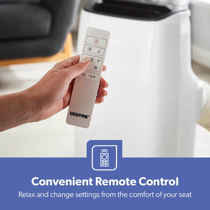 Geepas Portable Air Conditioner GACP9023CU| 9000 BTU| 3 Modes| 2 Speeds| Dehumidifier| Self-Evaporation| Digital Display| Remote Control, 24H Timer| Easy Move Wheels