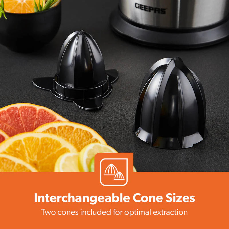 Geepas GCJ46013UK Citrus Juicer |Durable Stainless Steel Housing |Anti-Drip Spout for Mess-Free Serving |2 Cone Design |Anti-Dust Cover | 100W |Orange & Lemon Juice Maker