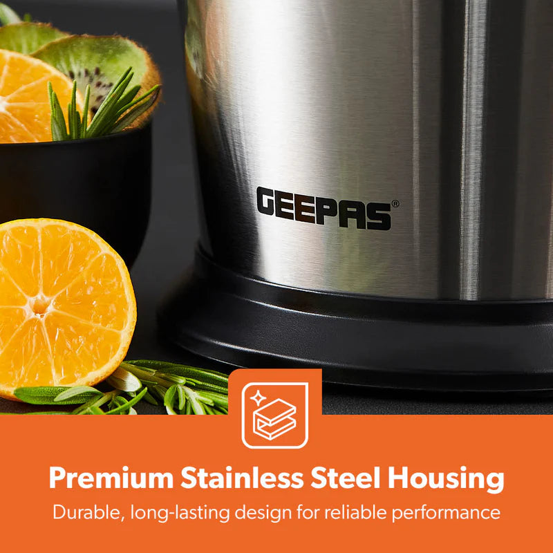 Geepas GCJ46013UK Citrus Juicer |Durable Stainless Steel Housing |Anti-Drip Spout for Mess-Free Serving |2 Cone Design |Anti-Dust Cover | 100W |Orange & Lemon Juice Maker