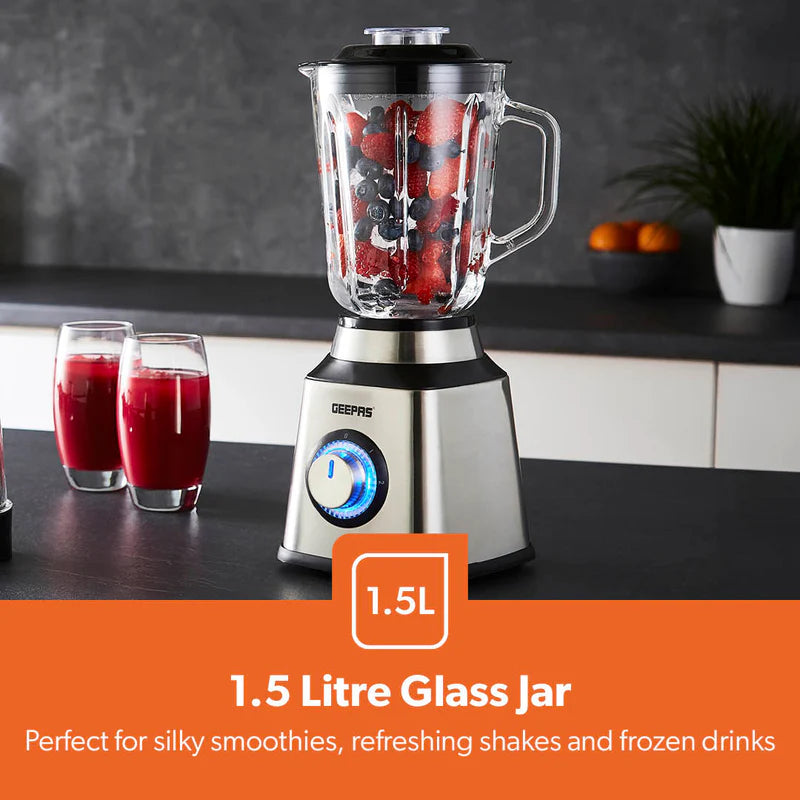 Geepas GSB44076UK 2-in-1 Stainless Steel Blender | 600W Powerful Motor | 1.5L Glass Jar with Grinder Attachment | Sharp Stainless Steel Blades | 2-Speed  | 2-Year Warranty