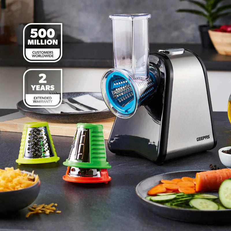 Geepas 4-in-1 Salad Maker GSM63022UK | 200W Powerful Motor | 4 Stainless Steel Cones for Effortless Slicing| Shredding, Grating & Grinding | Easy to Use | 2-Year Warranty