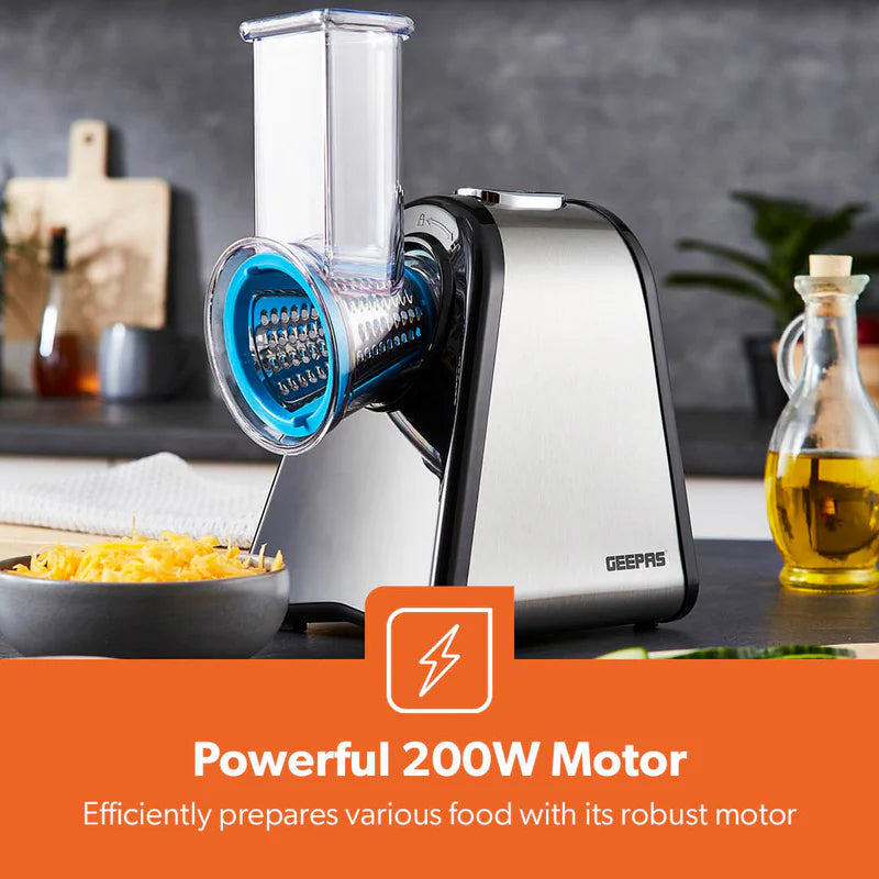 Geepas 4-in-1 Salad Maker GSM63022UK | 200W Powerful Motor | 4 Stainless Steel Cones for Effortless Slicing| Shredding, Grating & Grinding | Easy to Use | 2-Year Warranty