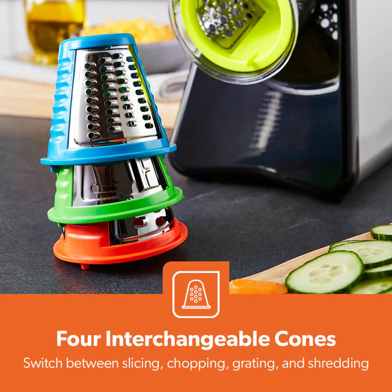 Geepas 4-in-1 Salad Maker GSM63022UK | 200W Powerful Motor | 4 Stainless Steel Cones for Effortless Slicing| Shredding, Grating & Grinding | Easy to Use | 2-Year Warranty