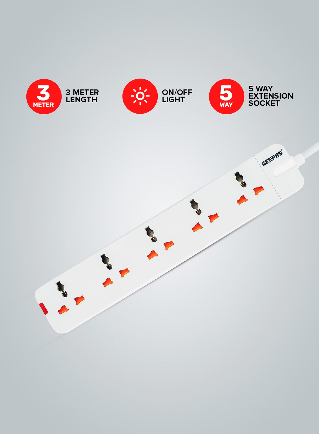 Geepas 5 Way Extension Socket 13A - Extension Lead Strip With Led Indicators | Extra Long Cord with Over Current Protected | Ideal For All Electronic Devices | 2 Years Warranty