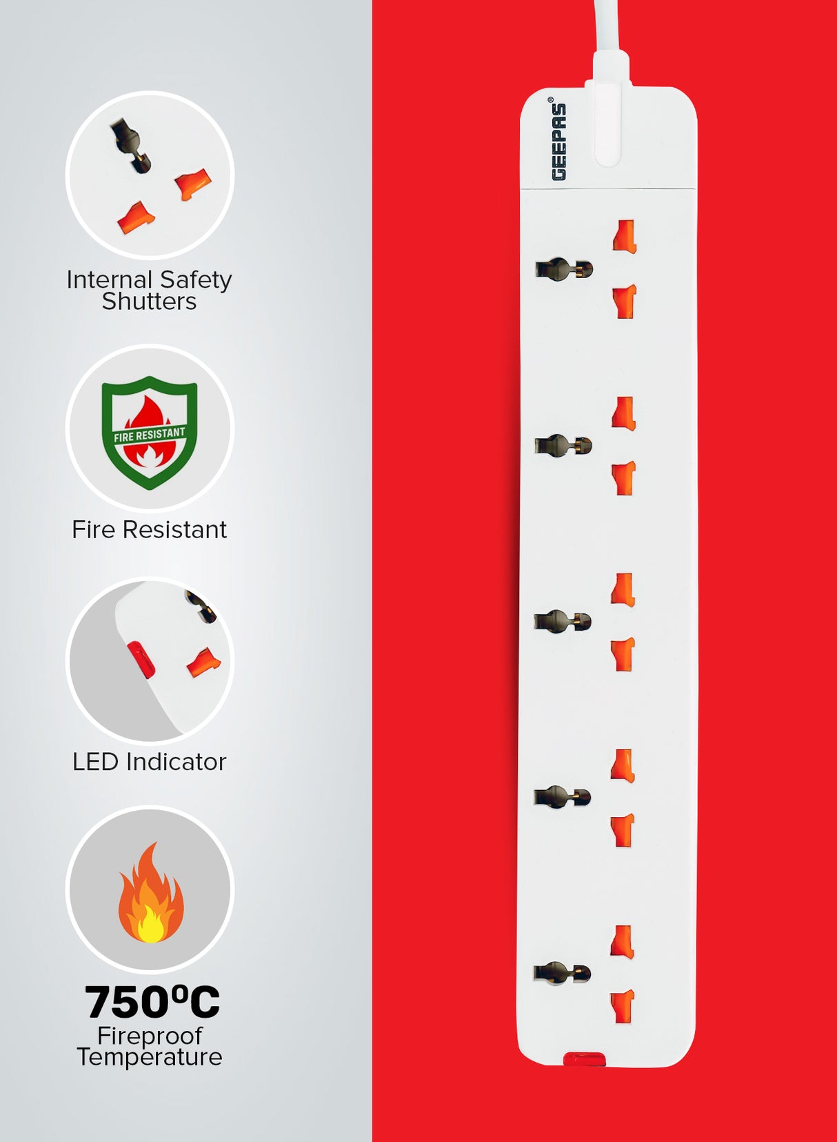Geepas 5 Way Extension Socket 13A - Extension Lead Strip With Led Indicators | Extra Long Cord with Over Current Protected | Ideal For All Electronic Devices | 2 Years Warranty